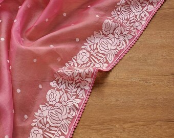 Organza Silk Saree with Embroidery Work, Party Wear Indian Wedding Drape