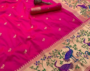 Maharani Paithani Art Silk Saree: Zari Weaving, Peacock Design
