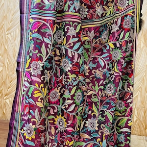 Latapata flower design kantha saree| Purpelish wine colour| Intricate kantha hand embroidery work saree|Blended bangalore silk |Party wear