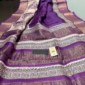 Silkmark certified jari border gachhi tussar silk saree over hand block print and running blouse piece for party wear saree