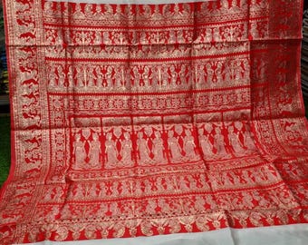 Red & White Swarnachuri Saree: Woven Art Silk, Figure Motif