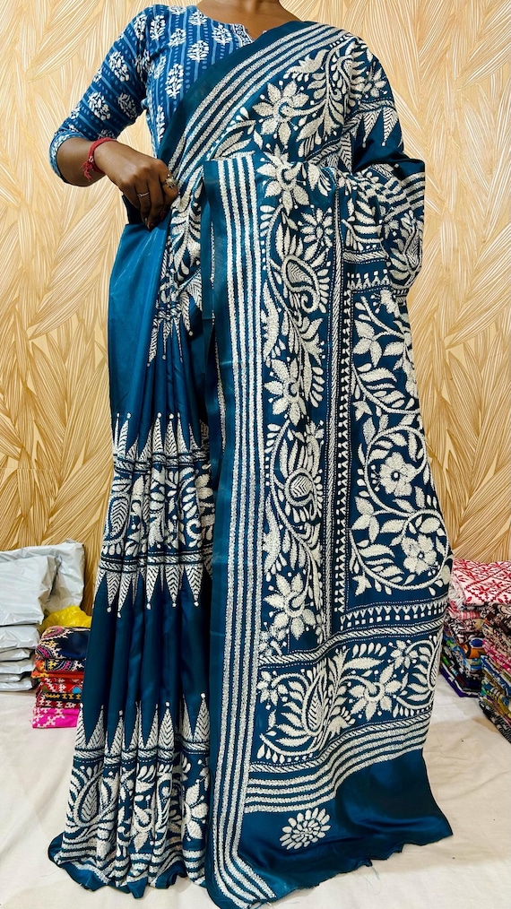 Blue Kantha Stitch Saree: Blended Bangalore Silk, Intricate Embroidery