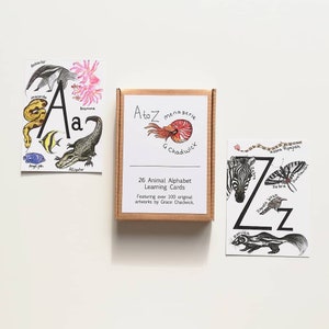 Casa de fieras de la A a la Z. 26 tarjetas didácticas para aprender y enseñar el alfabeto animal, con más de 100 obras de arte originales de Grace Chadwick.
