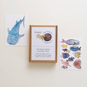 Number Menagerie. 10 ocean animal counting flashcards for teaching and learning to count with original artworks by Grace Chadwick.