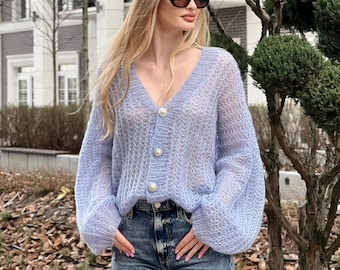 Handmade Mohair Oversize Blue Cardigan – Lightweight Cloud-like