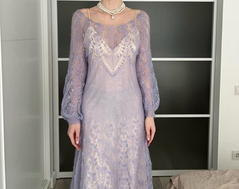 Handknit Mohair Silk Dress: Luxury Blue Knit Maxi Dress