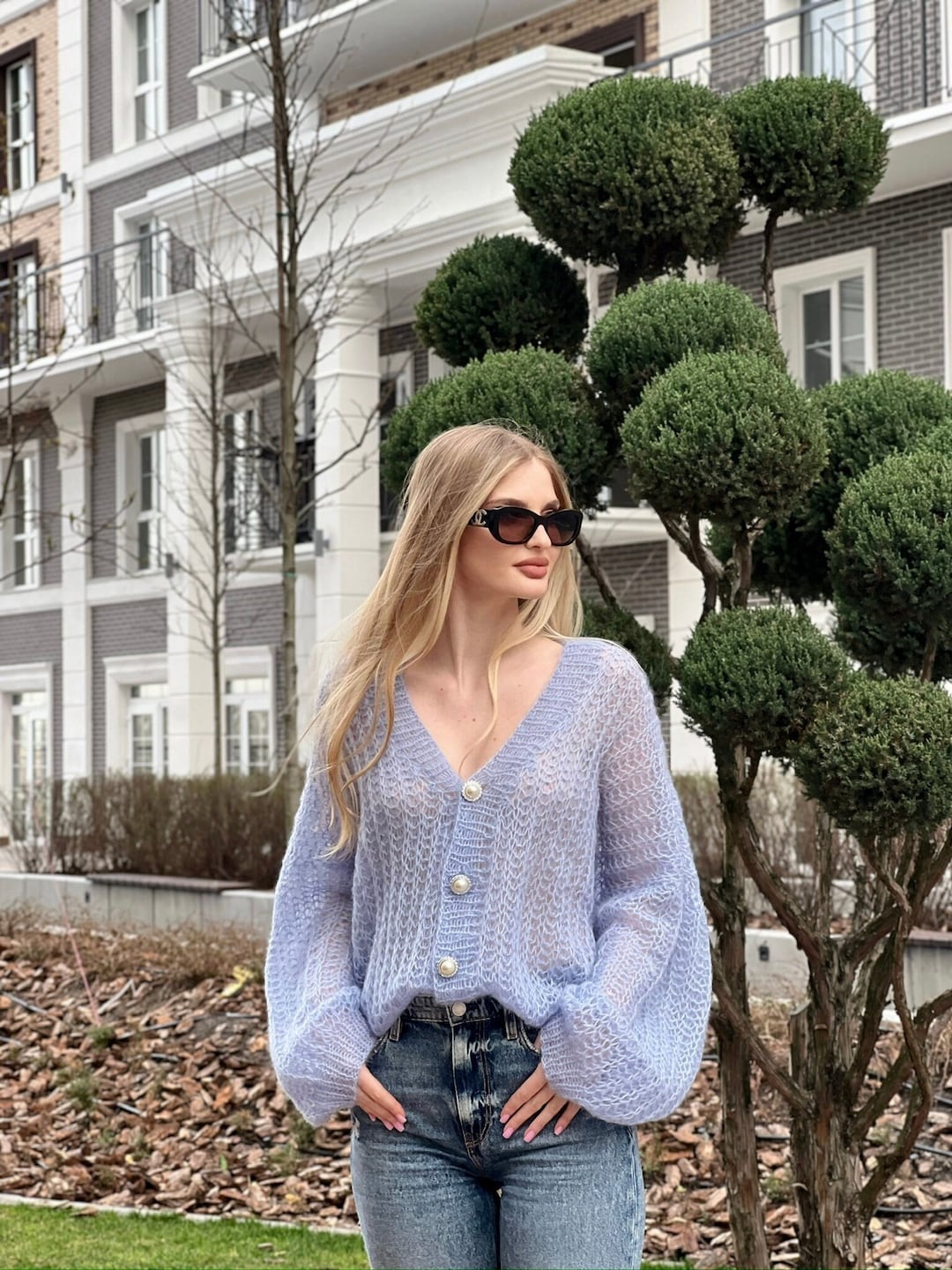 Handmade Blue Mohair Cardigan: Chunky Knit Oversized Luxury