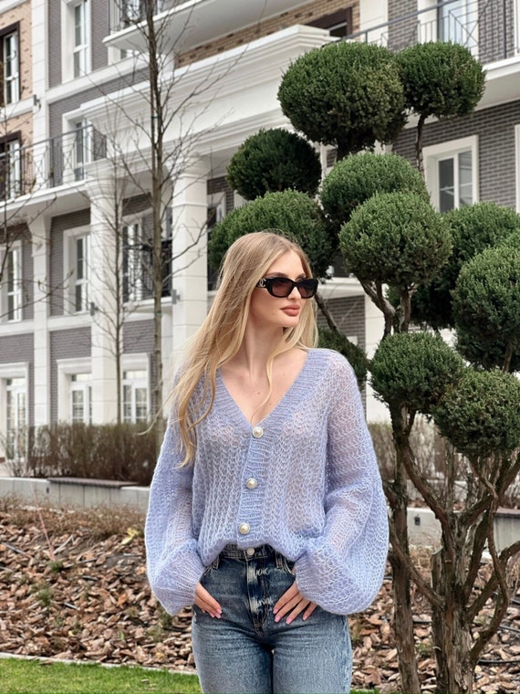 Handmade Blue Mohair Cardigan: Chunky Knit Oversized Luxury