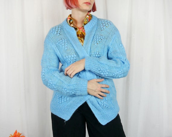 Vintage 80s 90s sky blue handmade knitted cardiga… - image 3