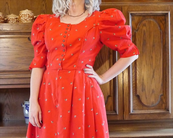 Vintage 90s Traditional Dress Bright Red Floral With Extreme Puff Sleeves Puff Shoulders Cottagecore Folklore Midi Dress M Etsy