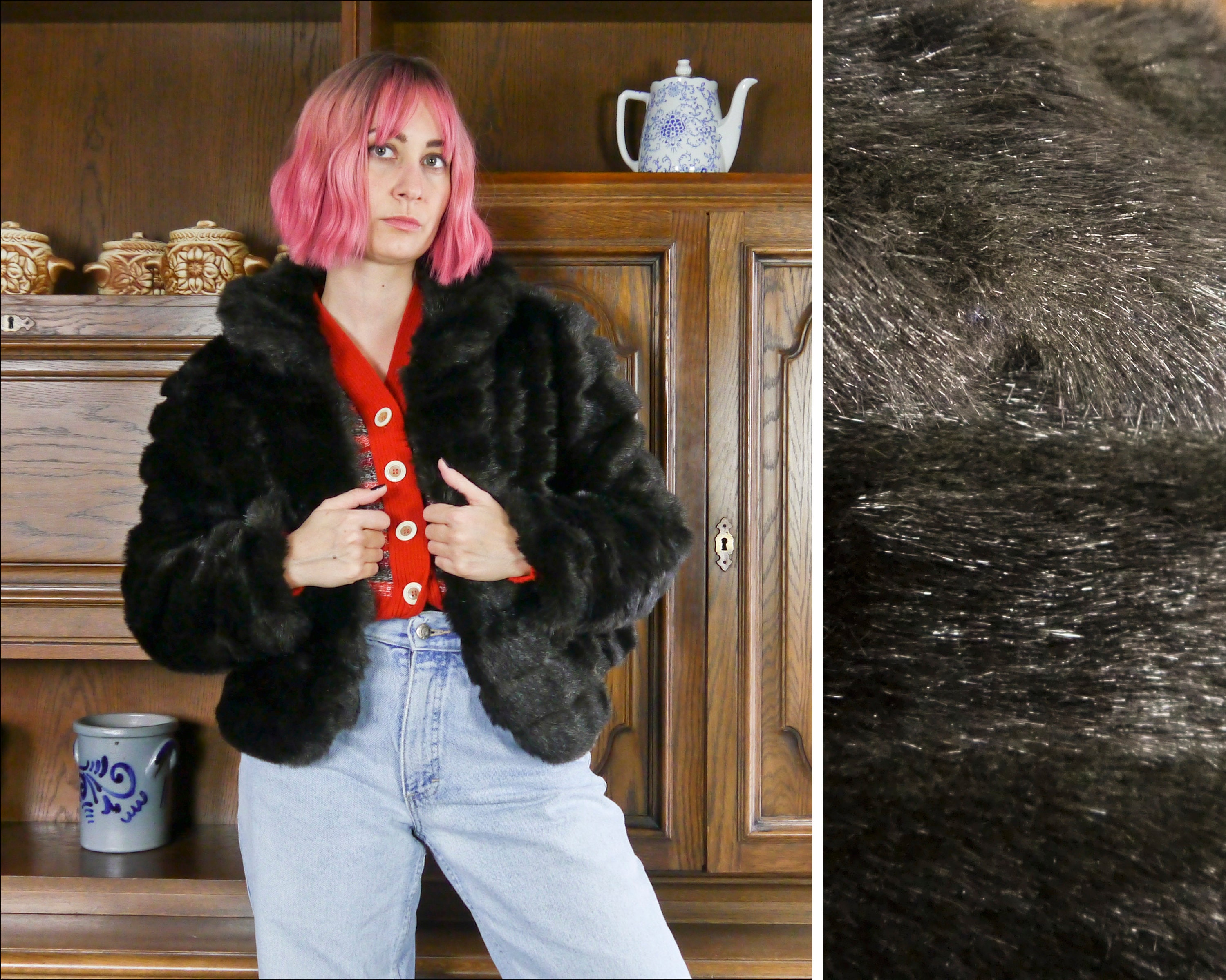 ジャケット・アウター 80s90s vintage fur bomber short jacket Bomber Jacket Black Vintage 80s-90s Unisex One-size Go