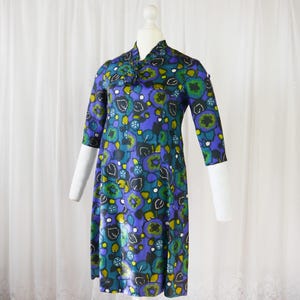 Vintage 60s 70s blue green patterned sheath dress M