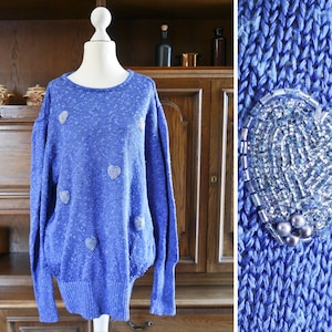 Vintage 80s 90s Retro Knit Sweater Blue with Beaded Embroidery Hearts Wide Ladies Size L | US 12 | UK 14