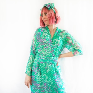 Vestido vintage 70s gasa con cinturón y cinta para el pelo rosa turquesa L