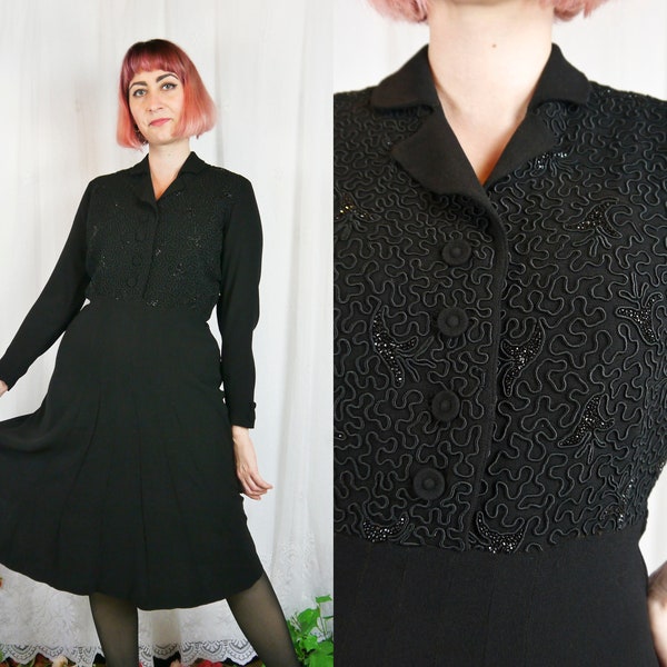 Vintage 30s 40s black crepe dress embroidered M