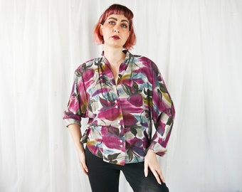 Vintage 80er geblümte Bluse mit weißen Knöpfen XL