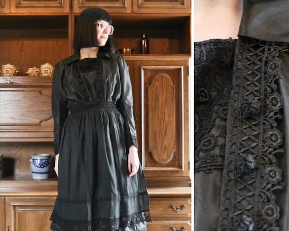 1918 Antique Black Wedding Dress Silk Lace M - image 1