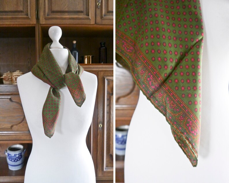 Vintage folklore neckerchief khaki green red burgundy patterned flowers floral art silk 70s-90s retro cloth