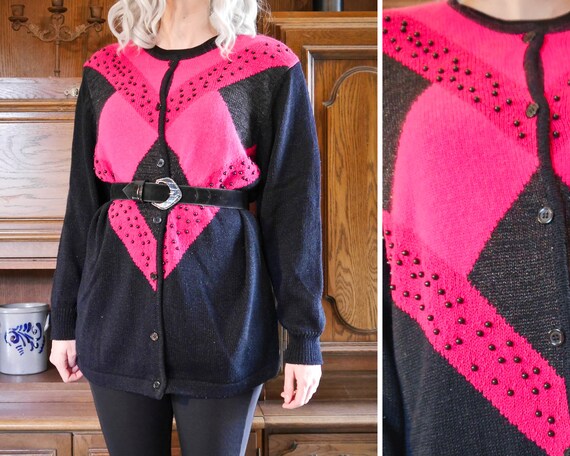 Vintage cardigan sweater black pink embroidered wi