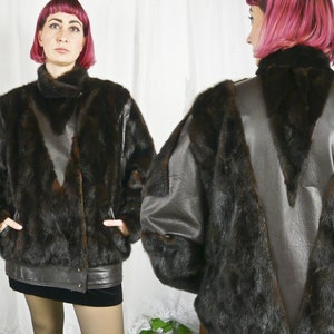 Vintage 80s 90s Mink Fur Leather Jacket marron L