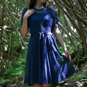 Vintage 30&#39;s 40&#39;s blue lace dress with slip & belt XXS-XS