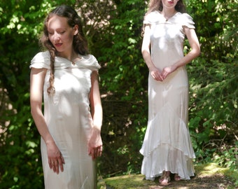 Vintage 30's snow white satin dress with tie belt 3XS