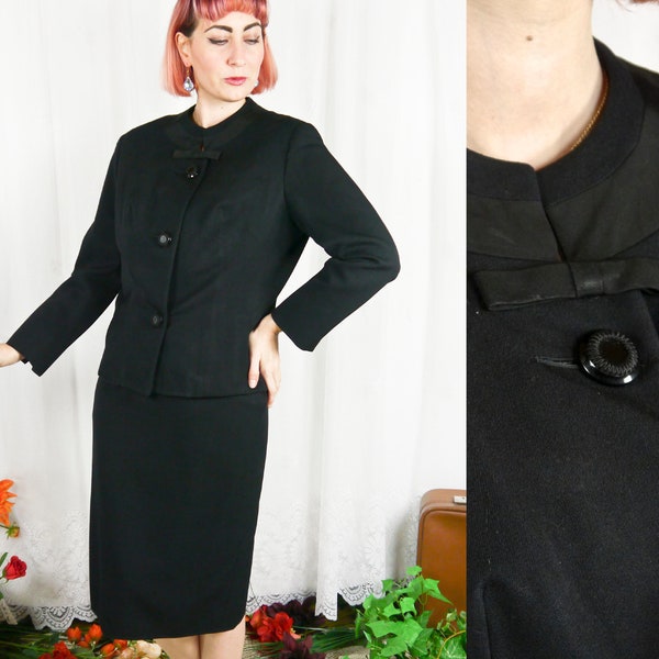 Vintage 60s Black Mod Suit Skirt & Blazer Wool M-L