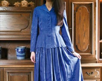 Vintage 1940s blue assemble blouse & maxi skirt two-piece XXS