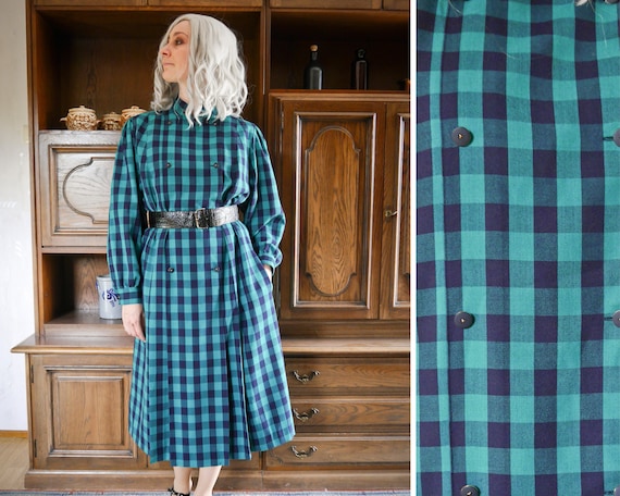 80s vichy plaid wool dress straight case dress mod