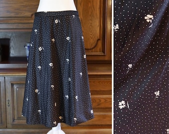 Vintage 60s midi black skirt with cream floral pattern & polkadots handmade size M | US 10 | UK 12