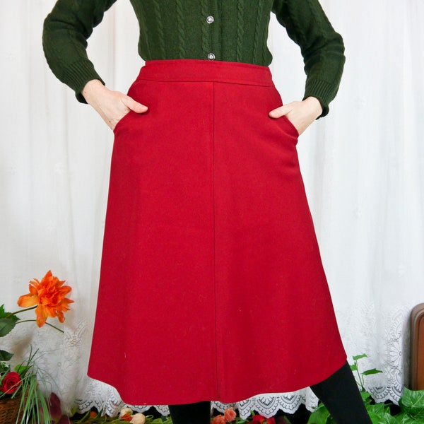 Vintage 70s 80s Red Midi Skirt L