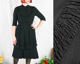 Vintage 30s 40s black layered dress check pattern S-M