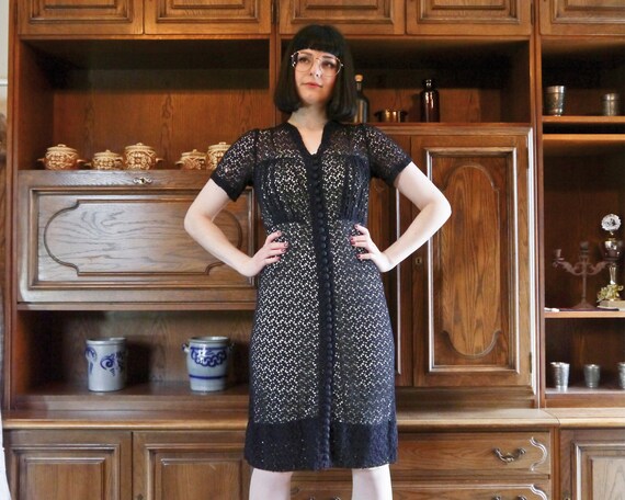 Buy Vintage 40s Dark Blue Sheer Lace Dress 1940s Antique Button  