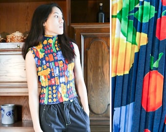 Vintage 80s 90s colorful retro top with high collar XXS-M