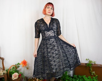 Vintage 30s dark blue lace dress L