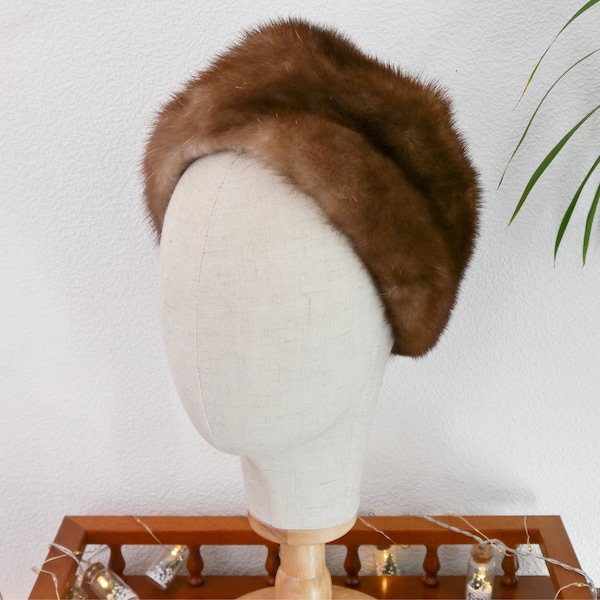 Vintage Brown Mink Fur Turban Beanie Size 59