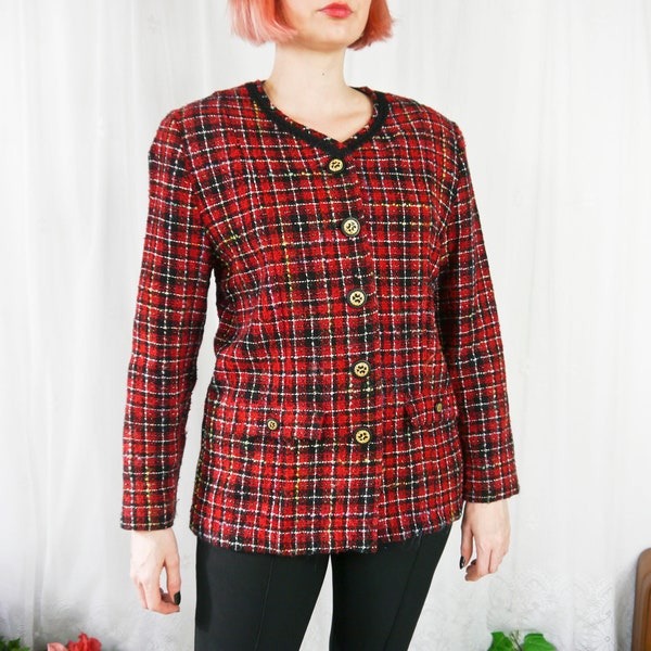 Vintage 90er Woll-Blazer kariert rot L