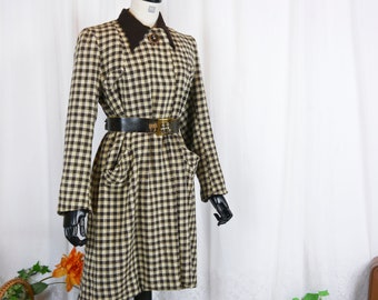 Vintage 1930s WWII Plaid Wool Coat with Poodle Leather Belt XXS-XS