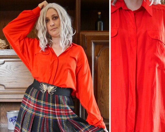Silk 90s red vintage silk blouse XXL oversized ret