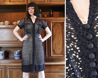 Vintage 40s dark blue sheer lace dress 1940s antique button pout handmade transparent blue 2XS-S | US 4-8 | UK 6-10