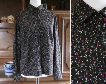 Vintage 70s années 80 Noir Coloré Blouse à Manches Longues Fleur Synthétique Kent Col Rétro Boho Cottagecore Taille XXL | États-Unis 16 | Royaume-Uni 18