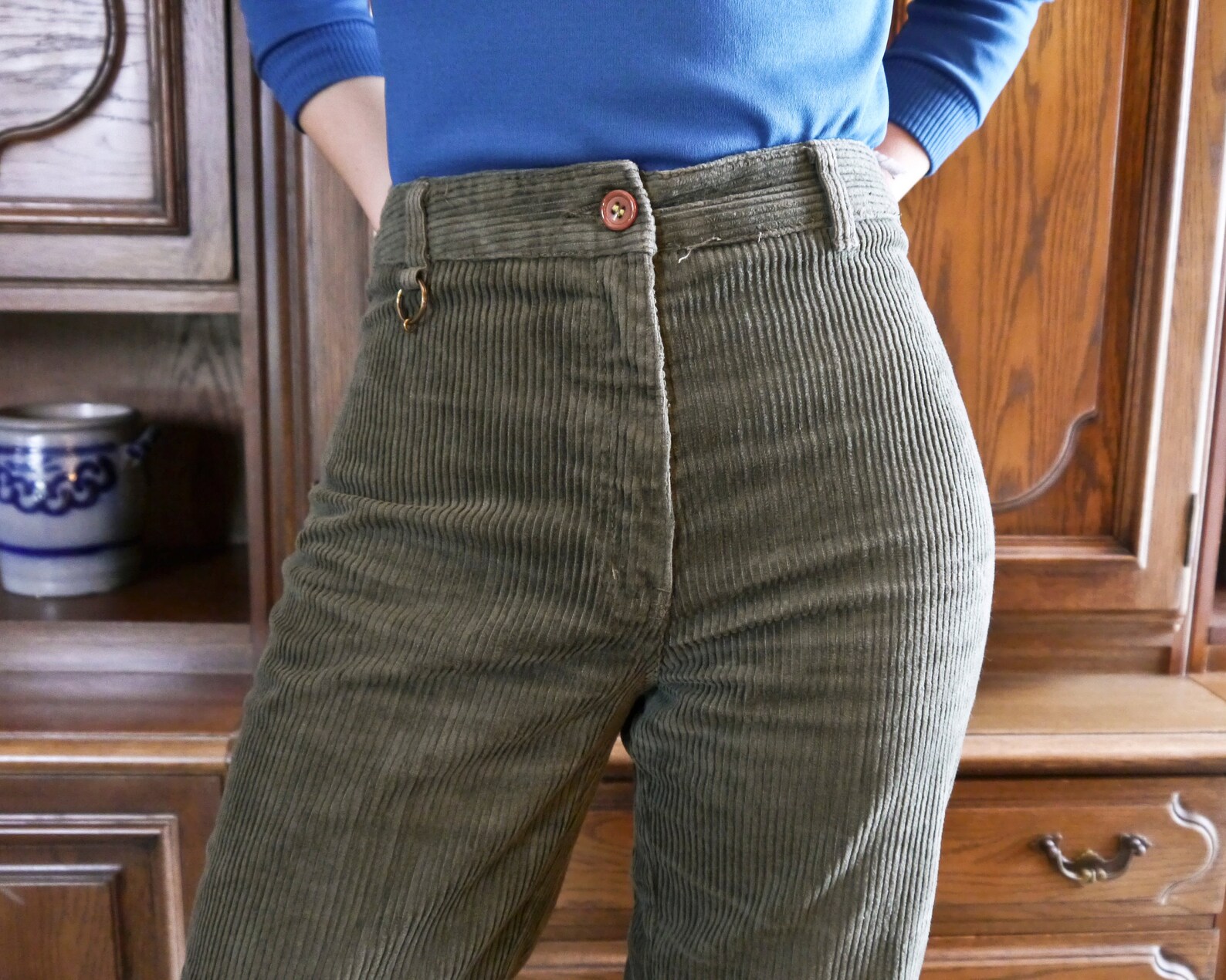 Vintage 70s khaki green corduroy pants with white stripe | Etsy