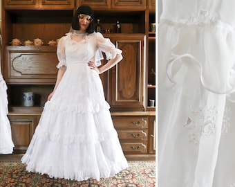Vintage 80s White Wedding Dress Chiffon S-M