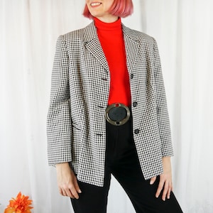 Vintage 90s women&#39;s blazer black and white checked M-L