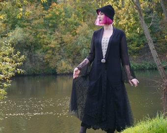 Antique 1920s restored flapper lace ball gown black L