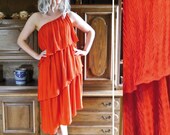 Vintage 80s 90s Orange Flounce Dress Party One-Shoulder Retro Ladies Size S US 8 UK 10