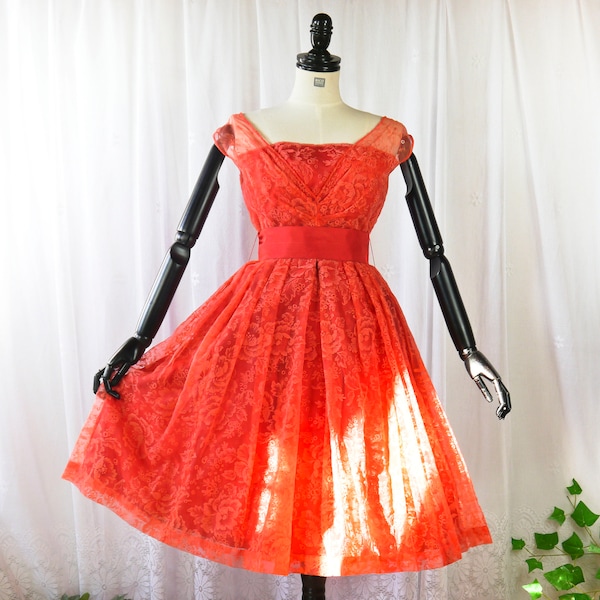 Robe de cocktail rouge abricot vintage des années 50 avec ceinture S