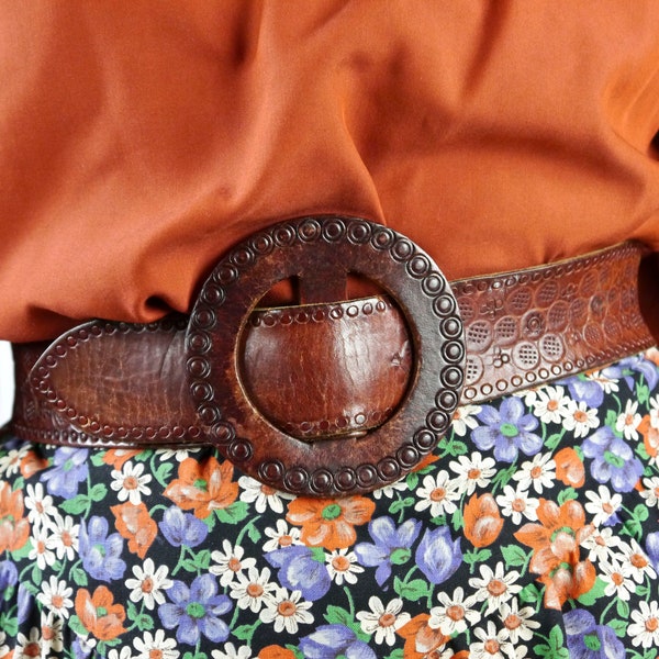 Vintage 70er brauner Ledergürtel mit runder Schnalle