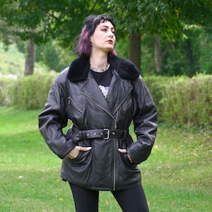 veste en cuir biker vintage des années 80 avec col en fausse fourrure détachable Homme M | Femmes L-XL