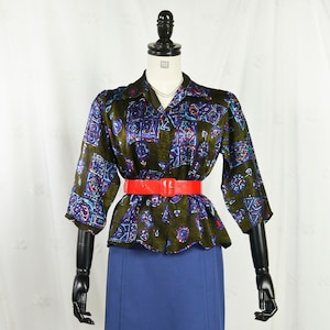 Vintage 50s colorful patterned satin blouse handmade L-XL